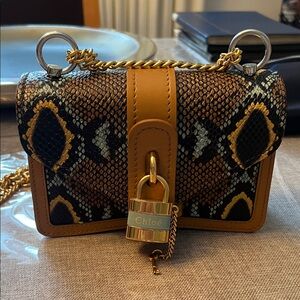Chloé Brown & Black Python-Print Crossbody with Gold Padlock